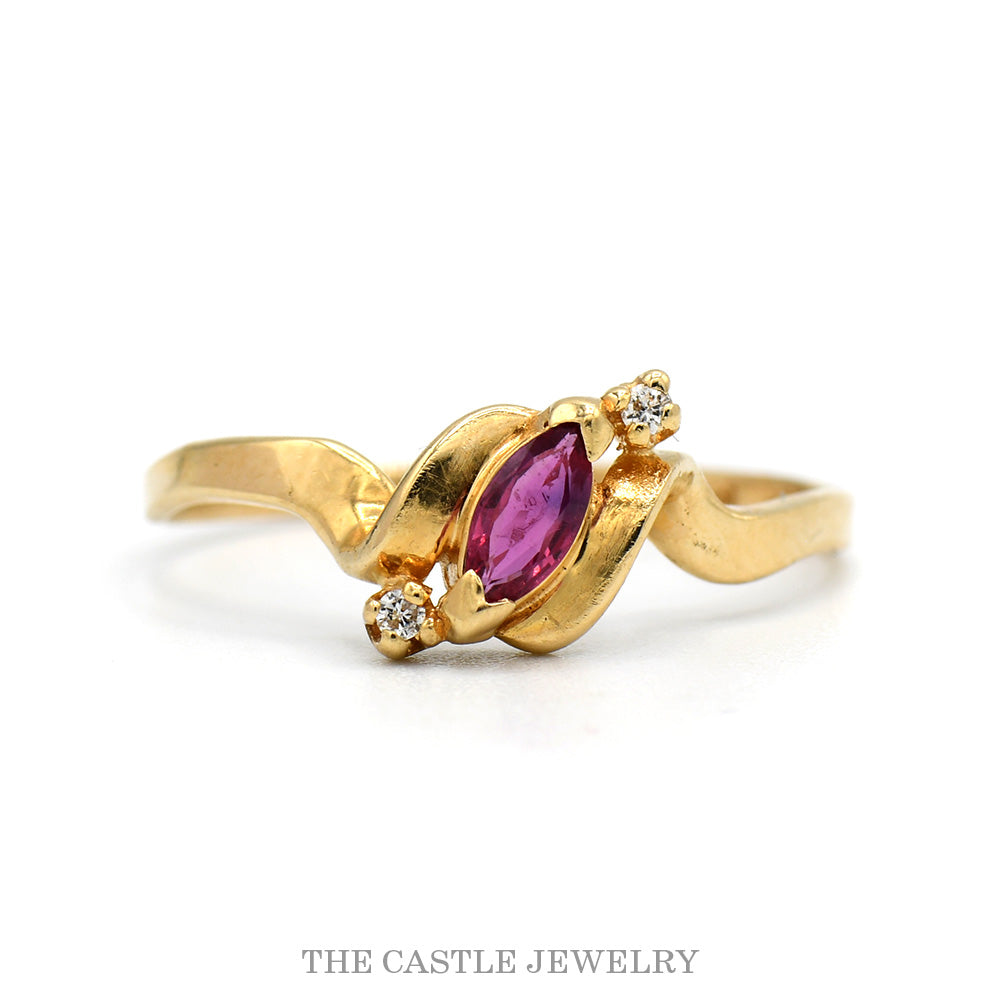 Marquise Cut Ruby Ring with Diamond Accents in 14k Yellow Gold