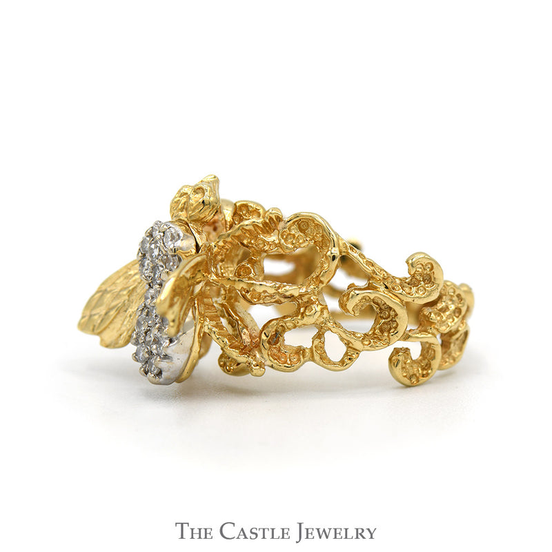 Bee Designed Diamond Cluster Ring with Open Swirled Sides in 10k Yellow Gold