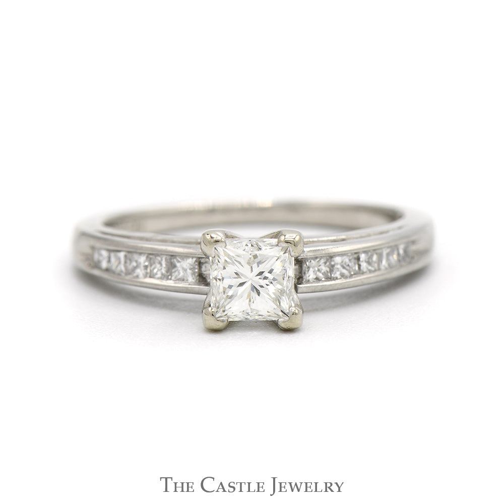 Princess Cut Diamond Solitaire Engagement Ring with Channel Set Accented Sides in Platinum