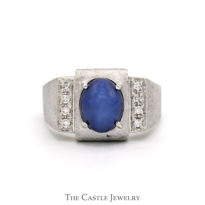 Men's Blue Lindy Star Ring with Diamond Accents and Brushed Textured Sides in 14k White Gold