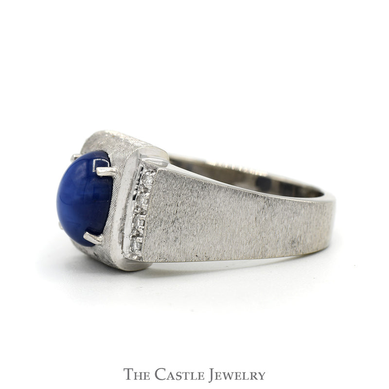 Men's Blue Lindy Star Ring with Diamond Accents and Brushed Textured Sides in 14k White Gold