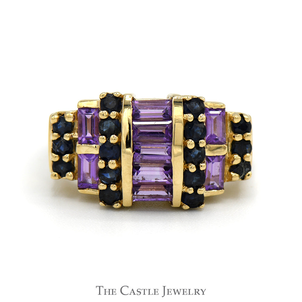 Baguette Cut Amethyst & Round Sapphire Cluster Ring in 14k Yellow Gold