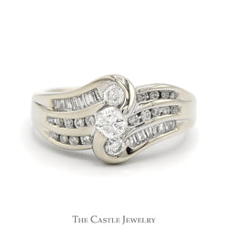 3/4cttw Vertical Three Stone Diamond Ring with Diamond Accented Sides in 14k White Gold