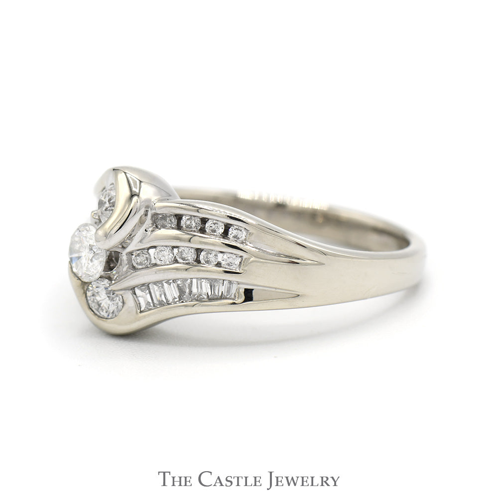 3/4cttw Vertical Three Stone Diamond Ring with Diamond Accented Sides in 14k White Gold