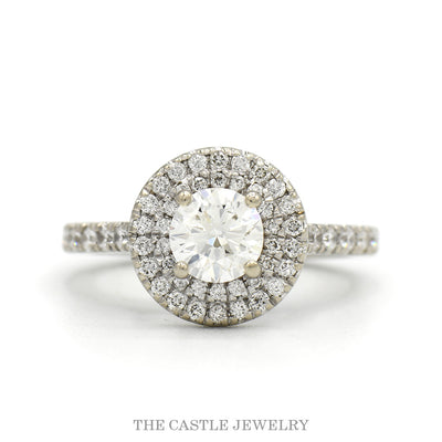 1.05cttw Round Diamond Engagement Ring with Double Diamond Halo and Accented Sides in 14k White Gold
