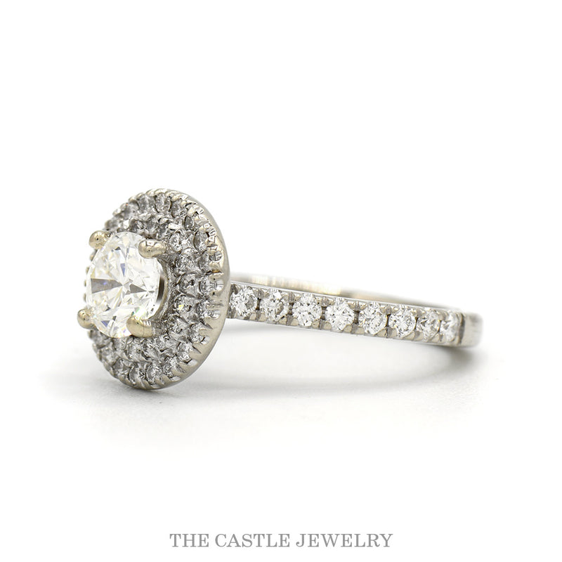 1.05cttw Round Diamond Engagement Ring with Double Diamond Halo and Accented Sides in 14k White Gold