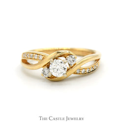 Triple Diamond Bypass Ring with Diamond Accented Open Sides in 14k Yellow Gold