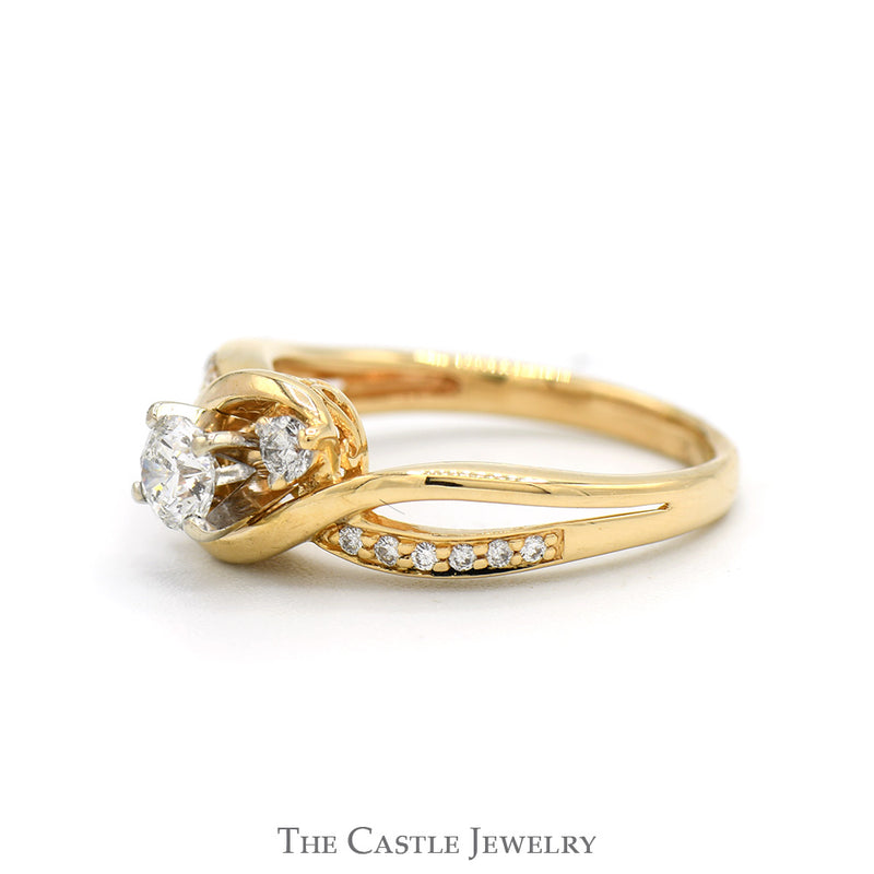 Triple Diamond Bypass Ring with Diamond Accented Open Sides in 14k Yellow Gold