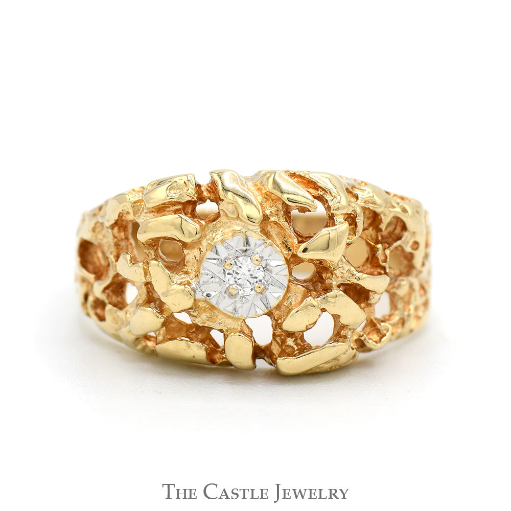 .05ct Illusion Set Diamond Solitaire Men's Ring with Open Nugget Textured Sides in 10k Yellow Gold