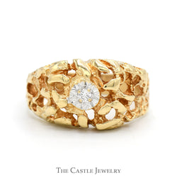 .05ct Illusion Set Diamond Solitaire Men's Ring with Open Nugget Textured Sides in 10k Yellow Gold