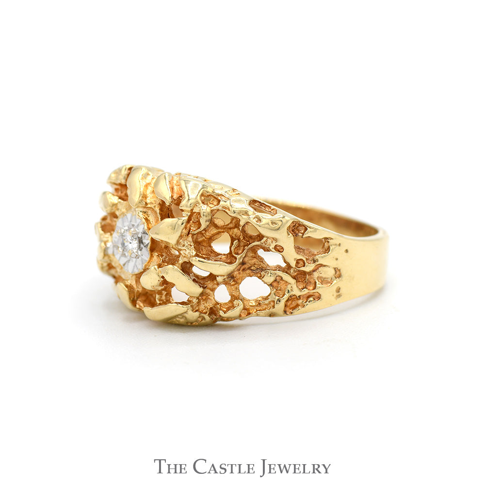 .05ct Illusion Set Diamond Solitaire Men's Ring with Open Nugget Textured Sides in 10k Yellow Gold