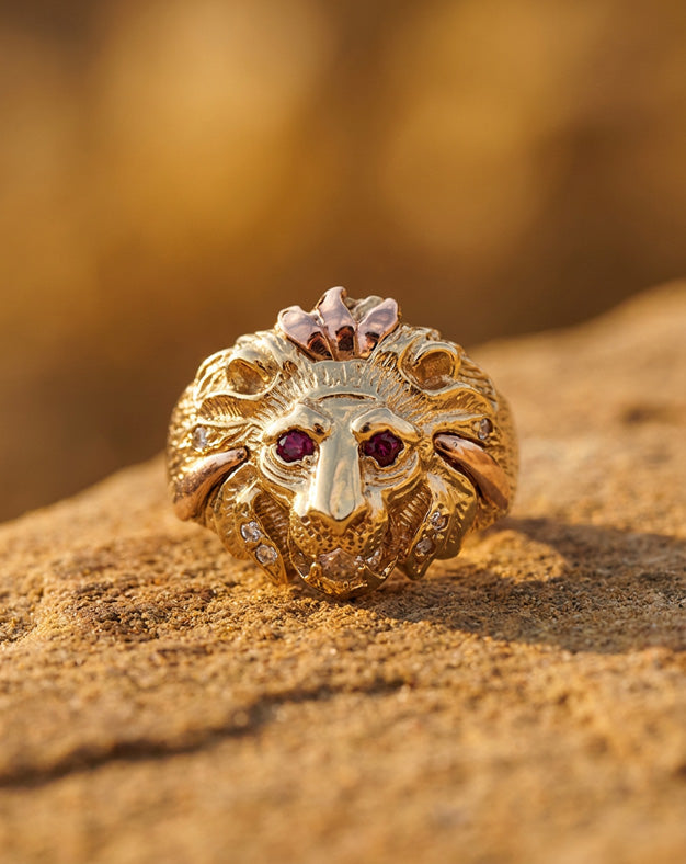 0.33ctw Men's Lion Head Ring with Diamond and Ruby Accents in 14k Yellow Gold