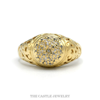 10k yellow gold nugget textured Kentucky cluster ring with open scroll sides — top view