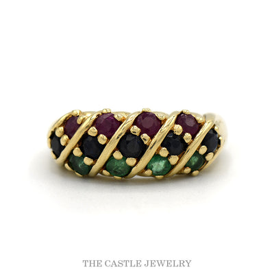 14k yellow gold ruby, sapphire, and emerald diagonal row band — top view
