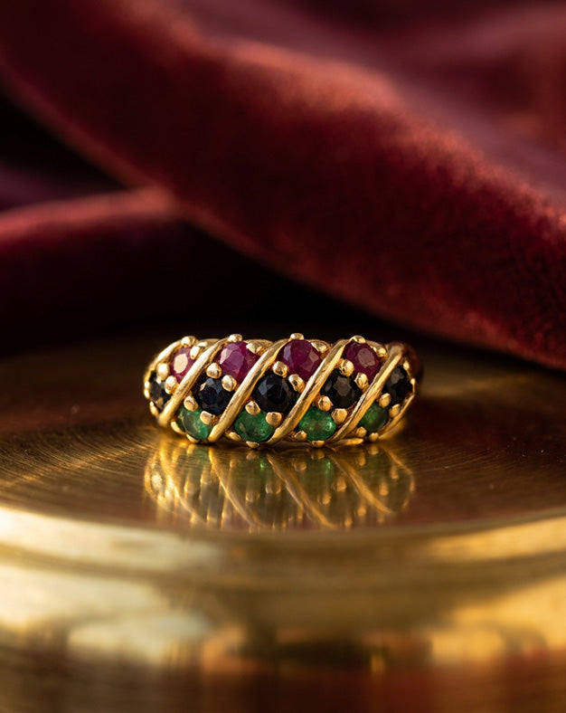Multi-Gemstone Diagonal Row Band with Ruby, Sapphire, and Emerald in 14k Yellow Gold