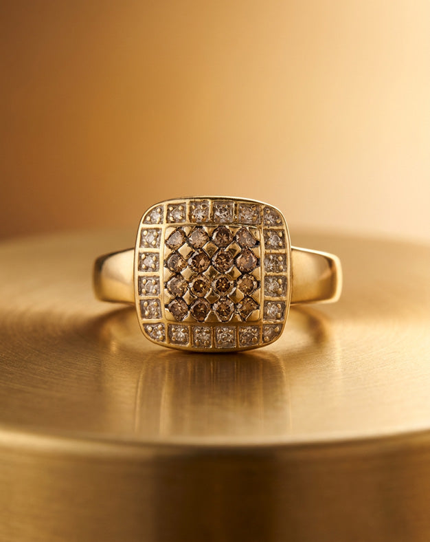 0.60ctw Cognac Diamond Cluster Ring with White Diamond Halo in 14k Yellow Gold