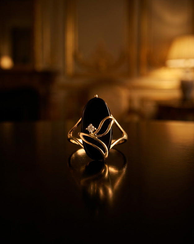 Elongated Oval Black Onyx Ring with Diamond Accent in 10k Yellow Gold