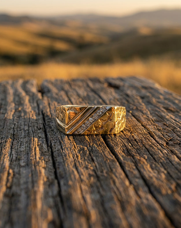 Men's Diagonal Diamond Row Ring with Nugget Design Mount in 10k Yellow Gold
