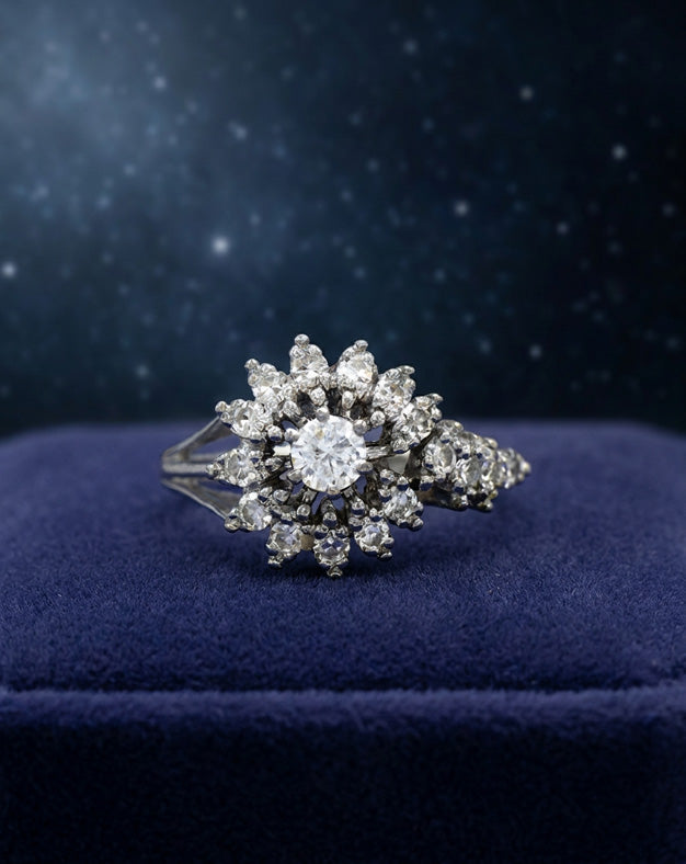 3/4cttw Diamond Starburst Cluster Ring with Looped Shoulders in 14k White Gold