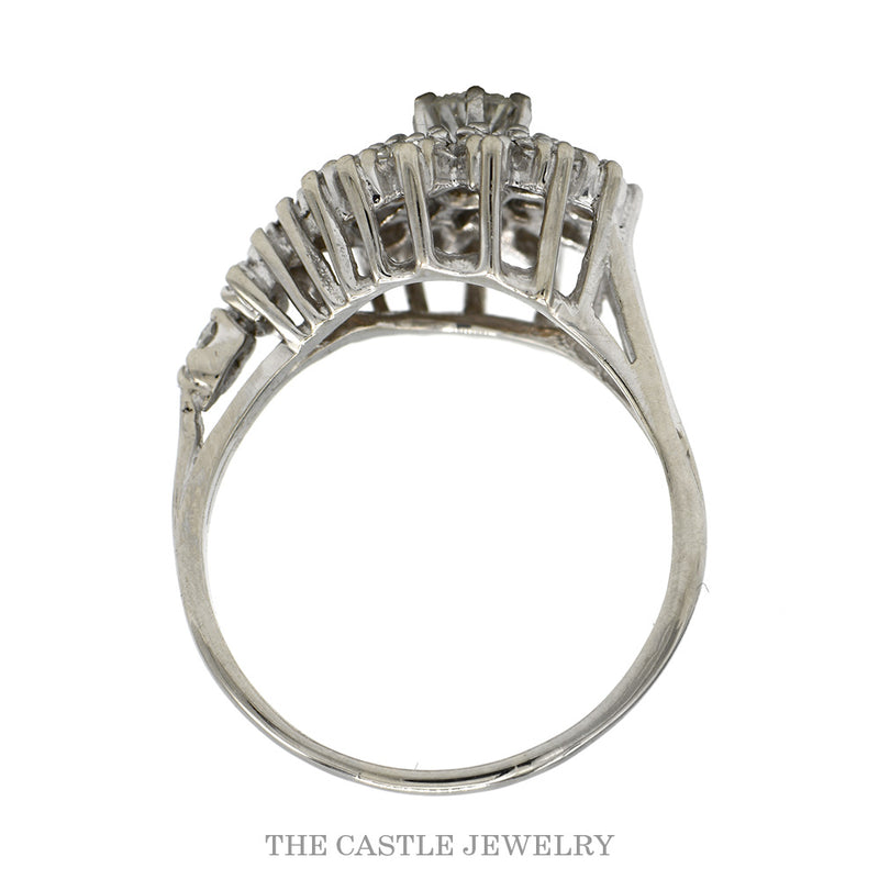 Front-facing view of the diamond starburst cluster ring in 14k white gold