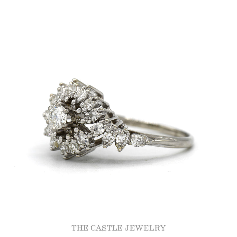 Side profile of the 14k white gold starburst cluster ring showing the looped shoulders and split shank