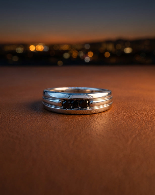 .15cttw Black Diamond Three Stone Wedding Band in 10k White Gold