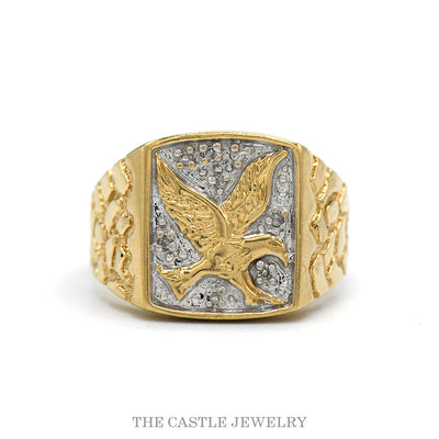 10k gold eagle signet ring with nugget design sides and a beaded white field — top view