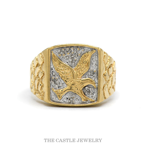 10k gold eagle signet ring with nugget design sides and a beaded white field — top view