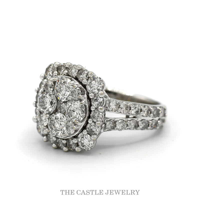 Side profile of the diamond cluster ring showing the split diamond set shanks