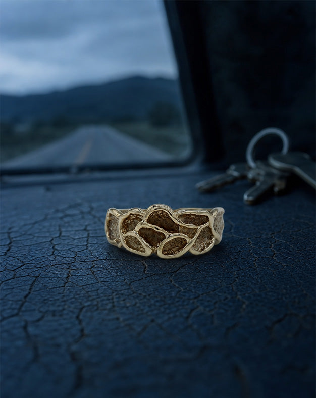 Open Nugget Ring with Polished Borders and Textured Cells in 10k Yellow Gold