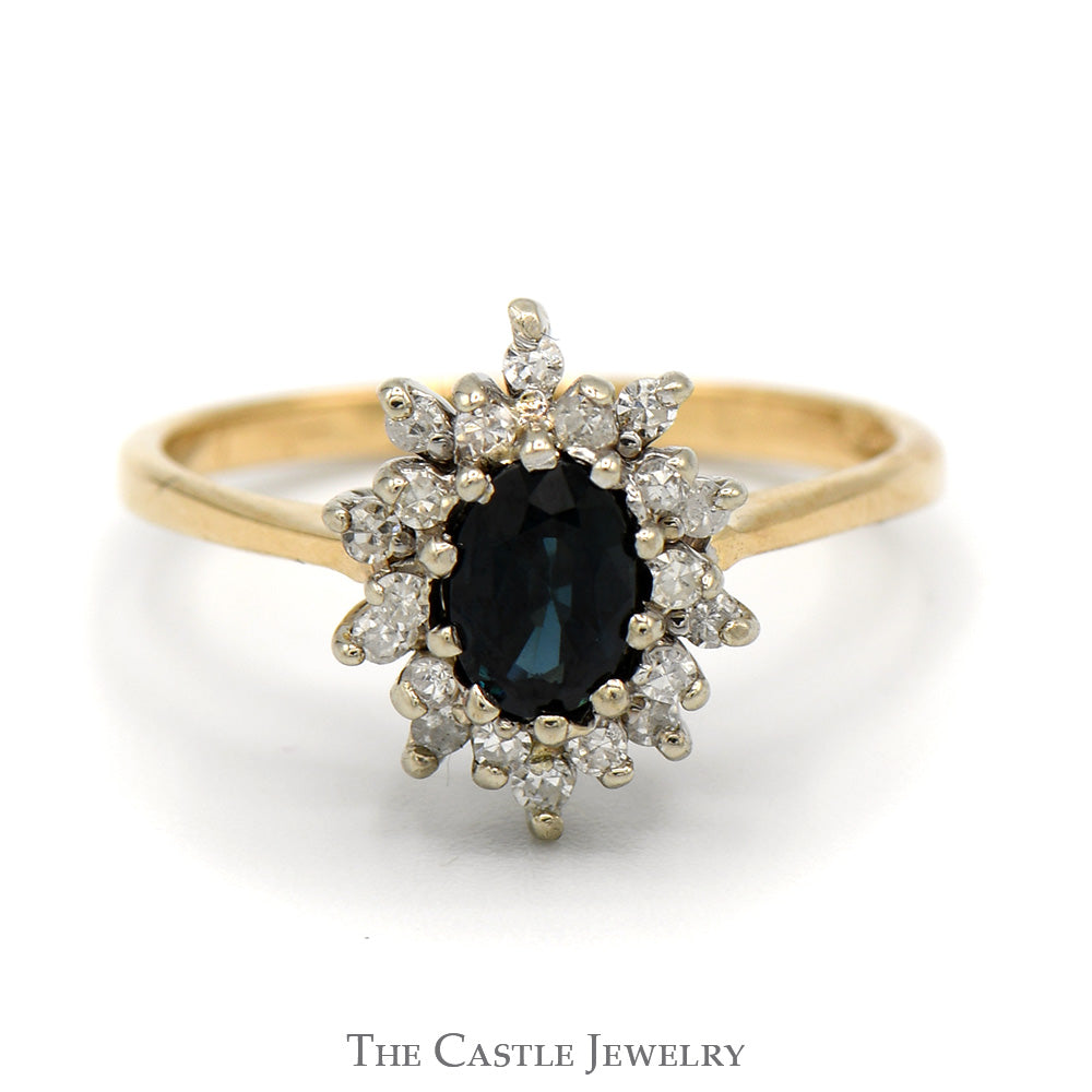 Oval Sapphire Ring with Diamond Cluster Halo in 14k Yellow Gold