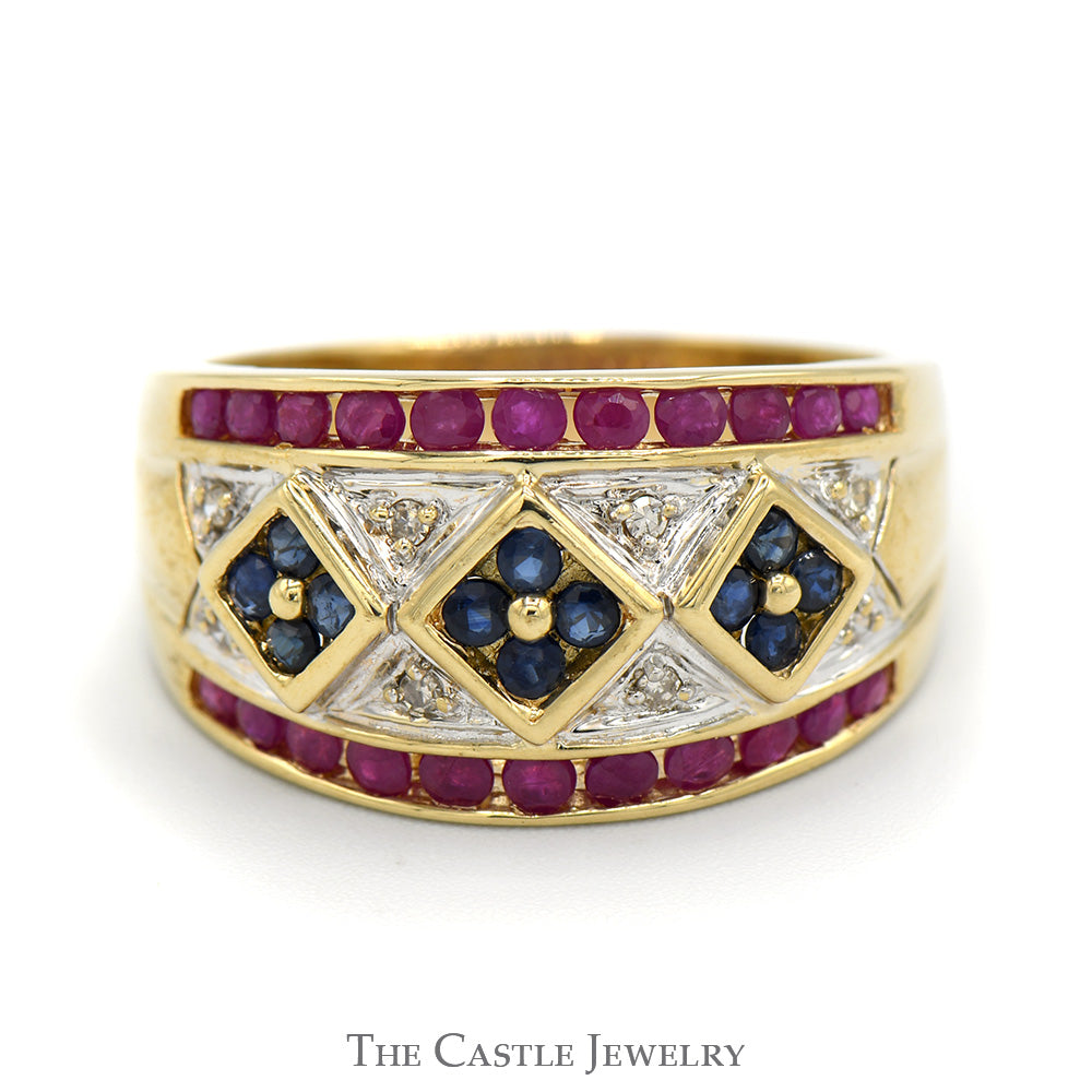 Sapphire, Diamond & Ruby Cluster Band in 14k Yellow Gold