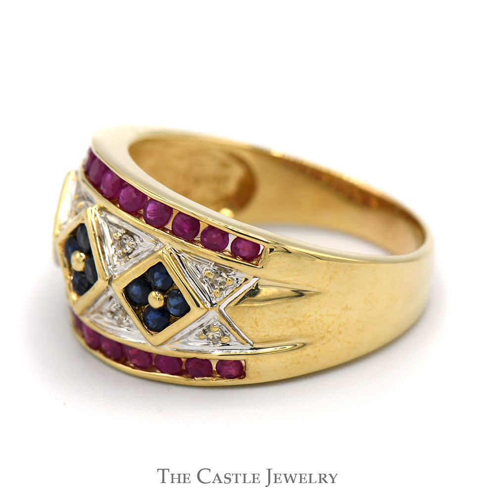 Sapphire, Diamond & Ruby Cluster Band in 14k Yellow Gold