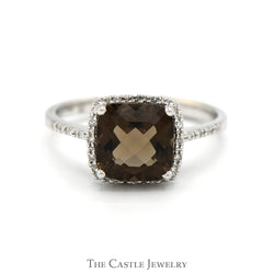 Cushion Cut Smokey Quartz Ring with Diamond Halo and Accented Sides in 14k White Gold