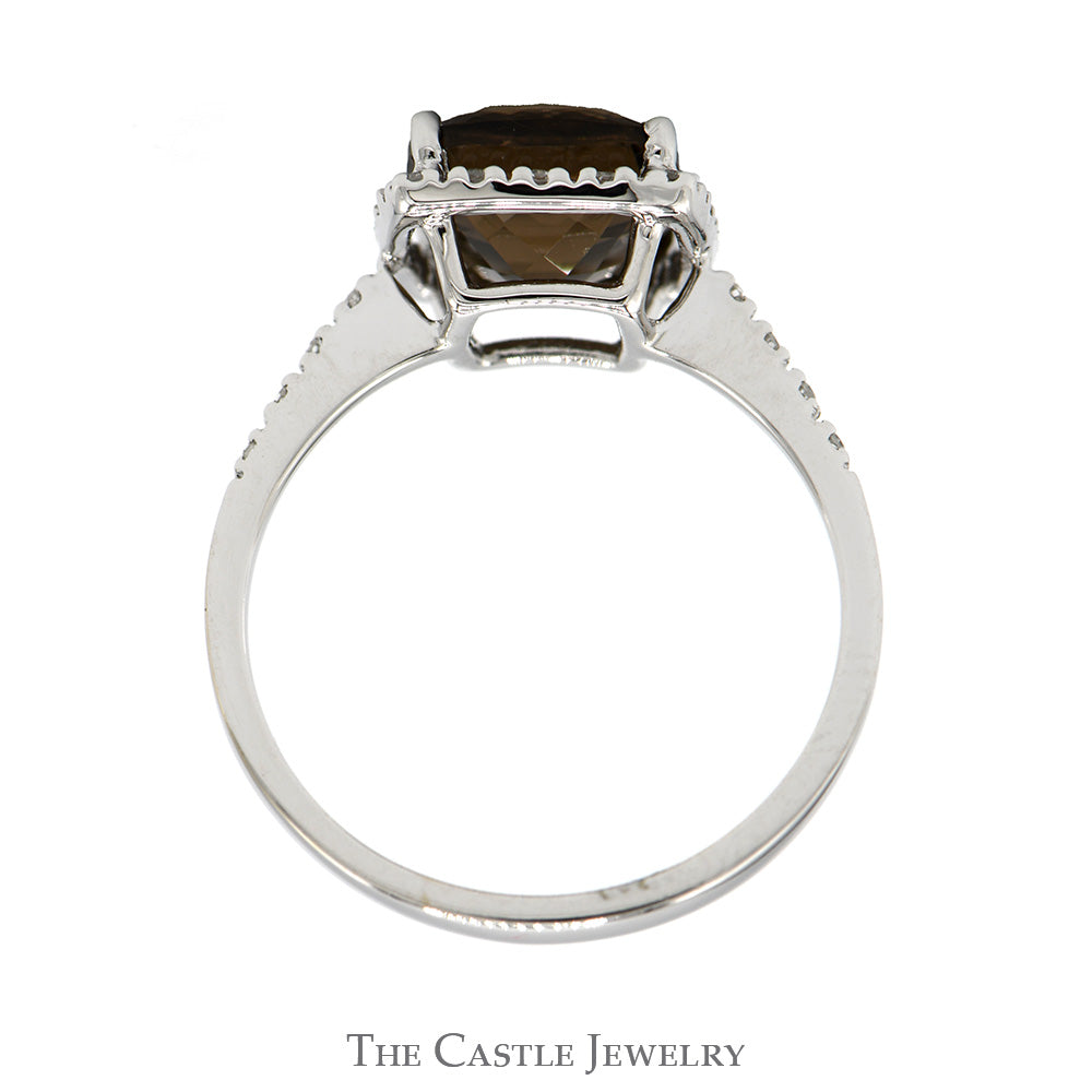 Cushion Cut Smokey Quartz Ring with Diamond Halo and Accented Sides in 14k White Gold