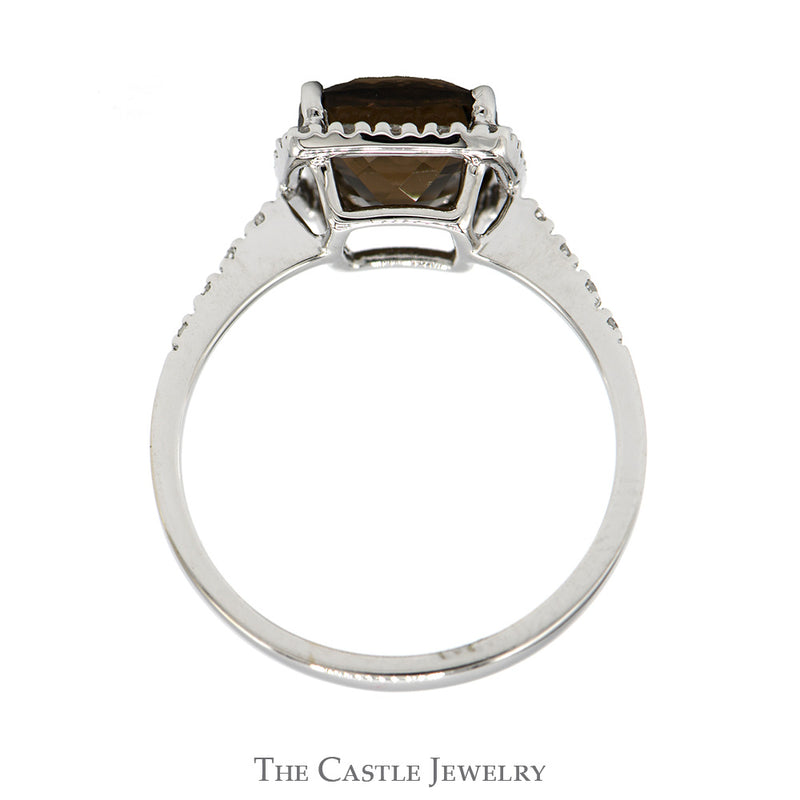 Cushion Cut Smokey Quartz Ring with Diamond Halo and Accented Sides in 14k White Gold