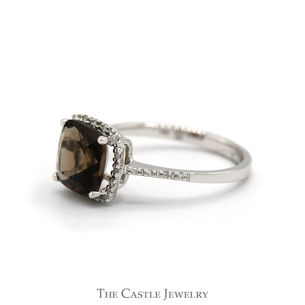 Cushion Cut Smokey Quartz Ring with Diamond Halo and Accented Sides in 14k White Gold