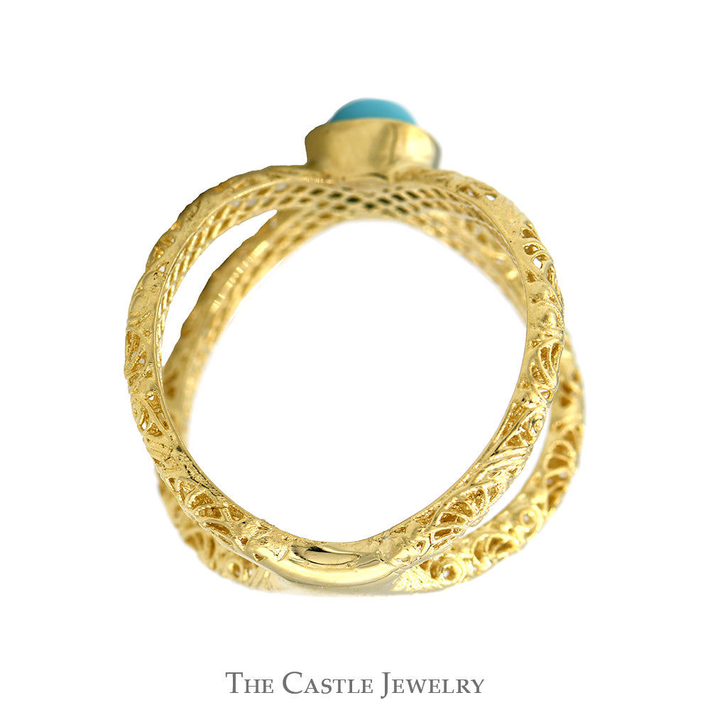 "X" Designed Ring with Turquoise Accent in 14k Yellow Gold