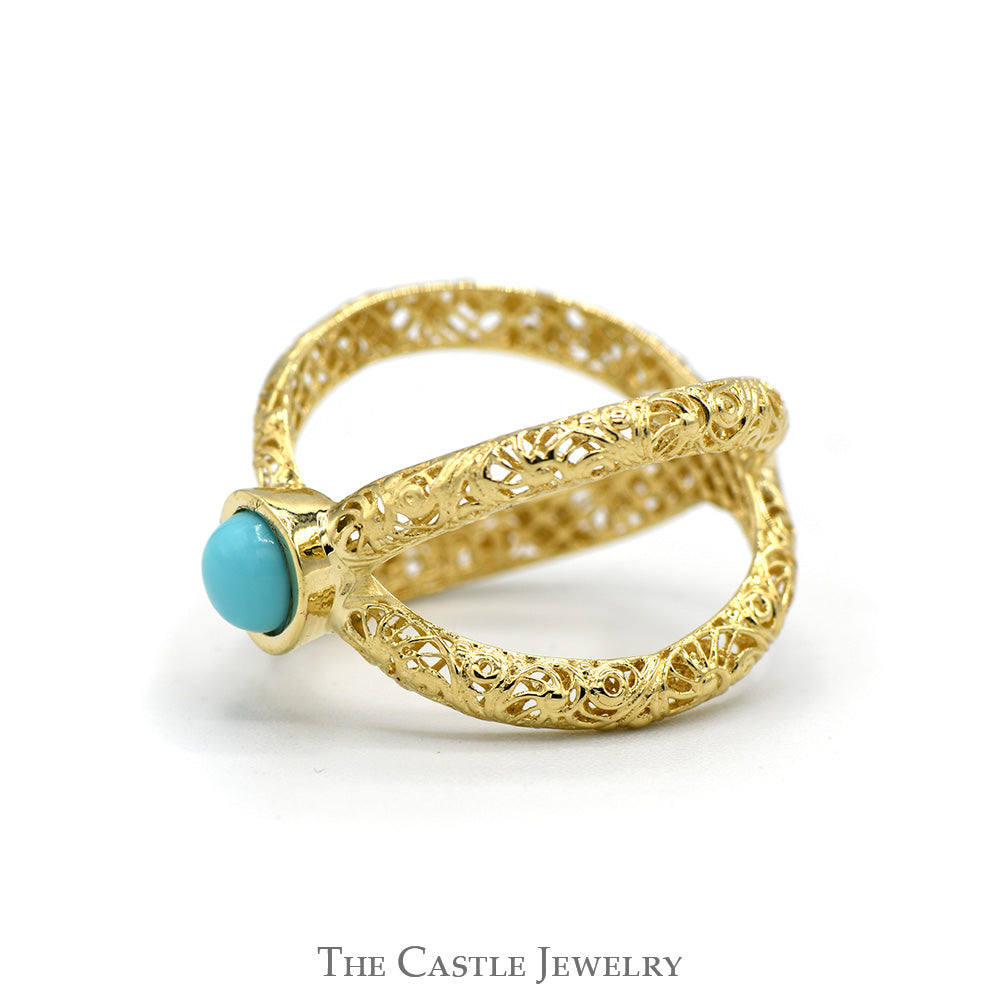 "X" Designed Ring with Turquoise Accent in 14k Yellow Gold