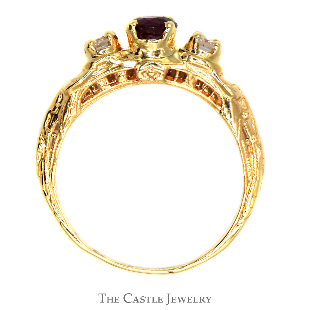Vintage Style 3 Stone Ruby and Diamond Ring in 14k Yellow Gold