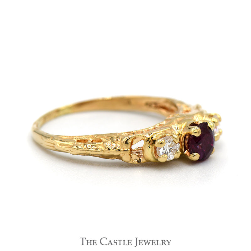 Vintage Style 3 Stone Ruby and Diamond Ring in 14k Yellow Gold