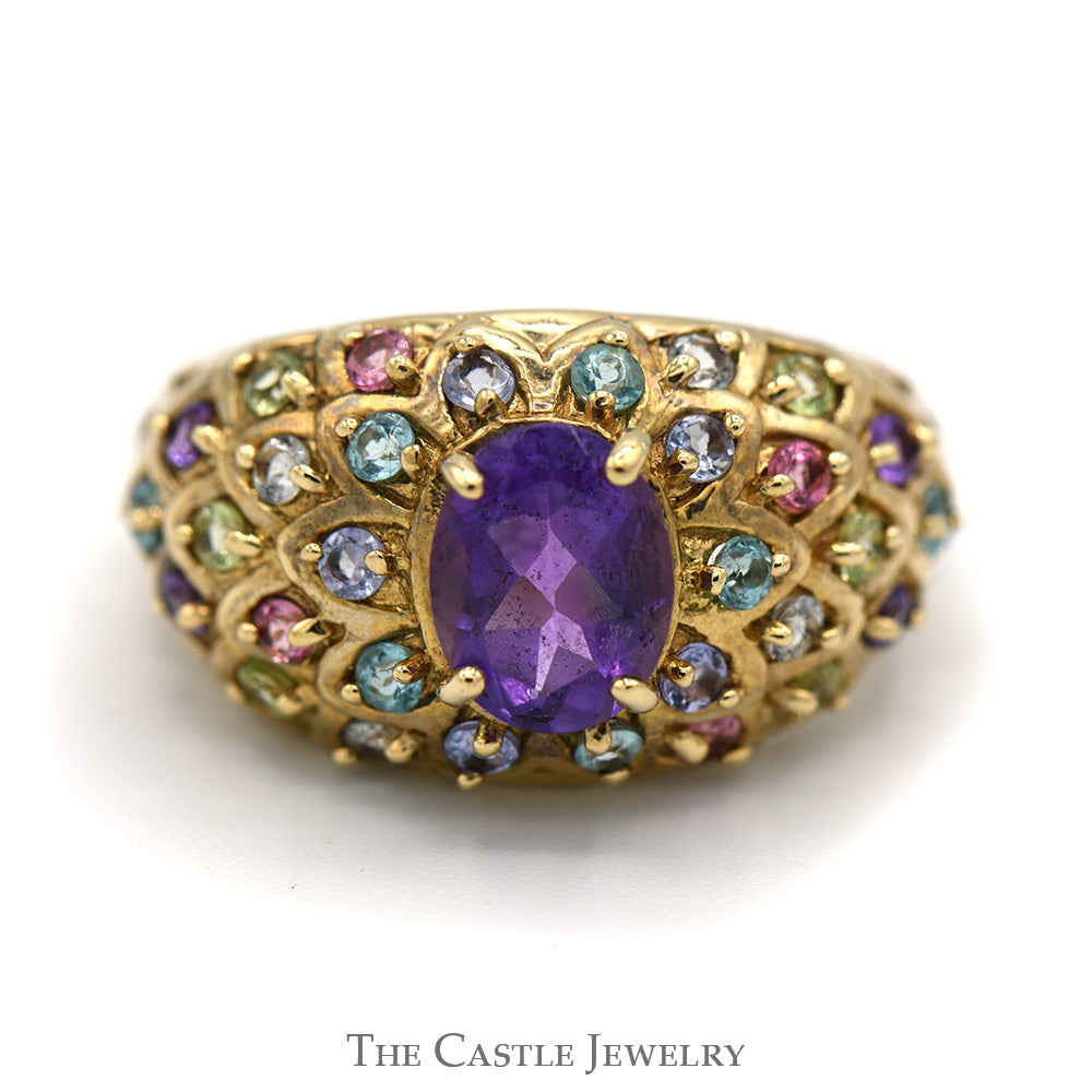 Oval Amethyst & Multi Gemstone Cluster Ring in 10k Yellow Gold