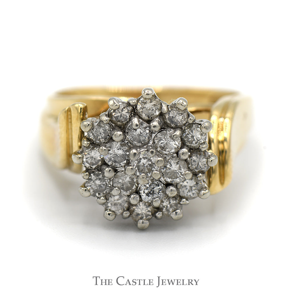 1cttw Round Diamond Cluster Ring with Bypass Cathedral Mounting in 10k Yellow Gold