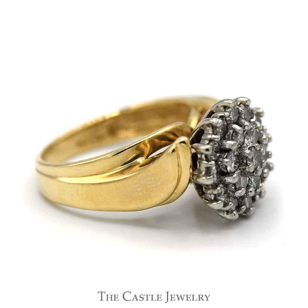 1cttw Round Diamond Cluster Ring with Bypass Cathedral Mounting in 10k Yellow Gold