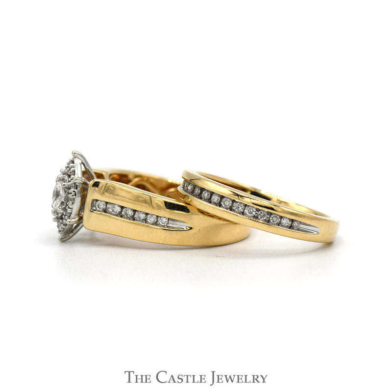 Diamond Bridal Set .33CTTW With .12CT Marquise Cut Center With Diamond Halo And Channel-Set Diamonds In The Bands In 14KT Yellow Gold