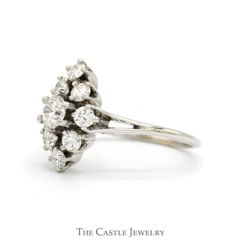 Marquise Shaped Round Diamond Cluster Ring with Split Shank Sides in 14k White Gold