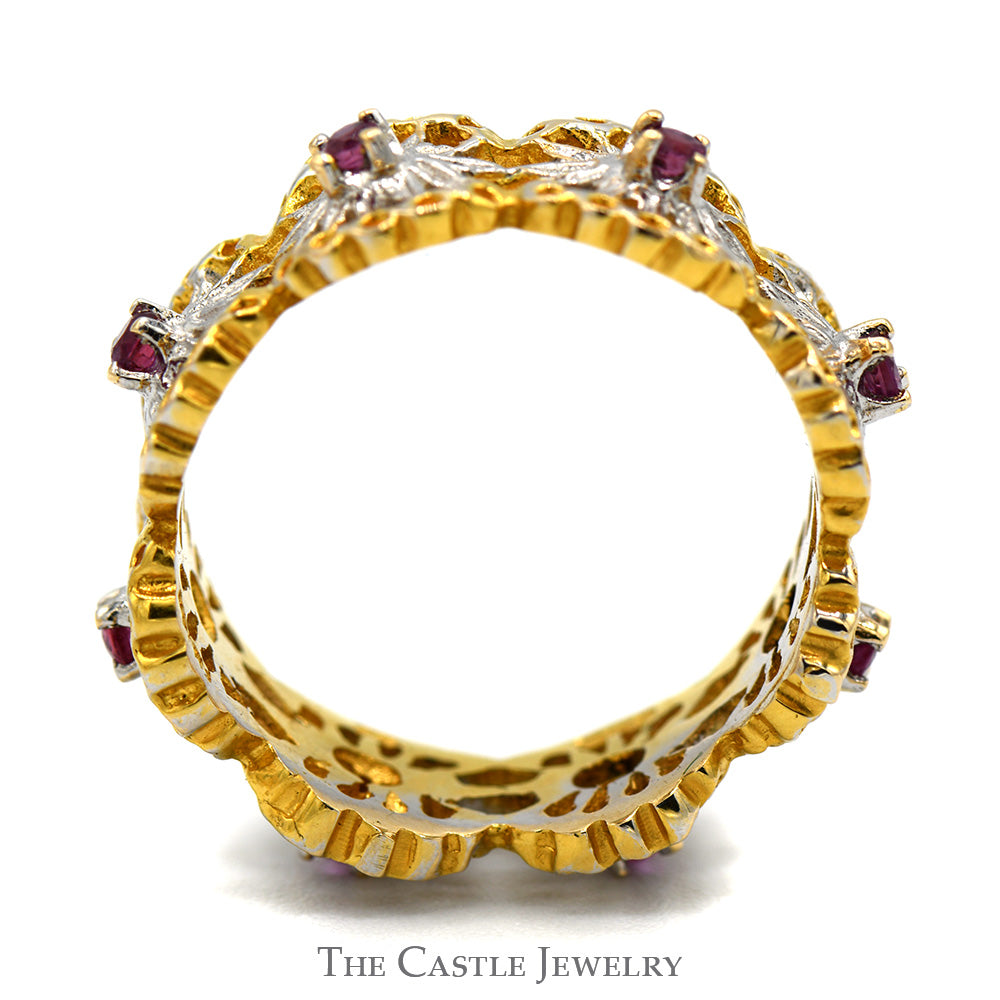 Open Floral Designed Ruby Eternity Band in Two Tone 14k White & Yellow Gold