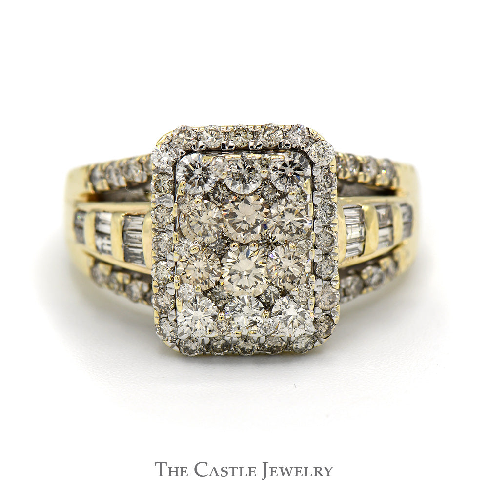 Rectangle Shaped 2cttw Diamond Cluster Ring with Halo and Accents in 10k Yellow Gold