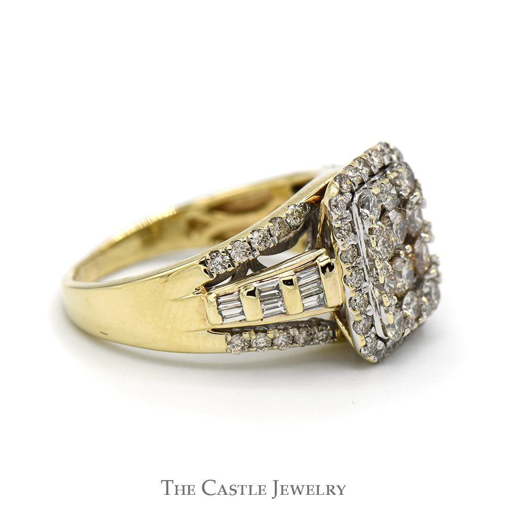 Rectangle Shaped 2cttw Diamond Cluster Ring with Halo and Accents in 10k Yellow Gold