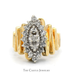 Marquise Shaped 3/4cttw Round Diamond Cluster Ring with Zig Zag Designed Sides in 10k Yellow Gold